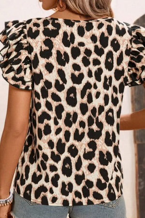 PURRFECTION KHAKI LEOPARD RUFFLE SLEEVE BLOUSE **SHIPPING EXPECTED TO BEGIN ON DATE 3/15**
