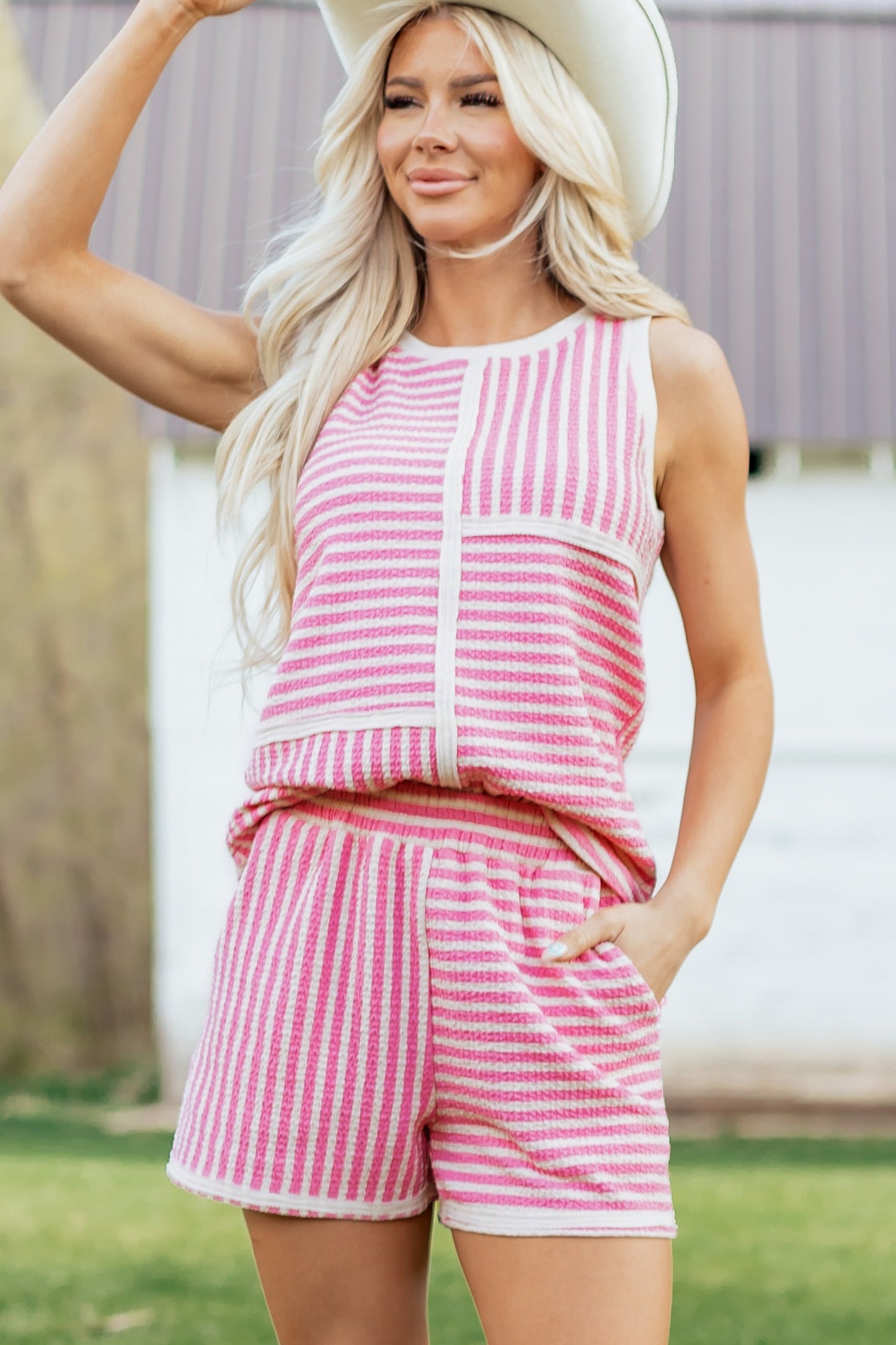 Nala Contrast Trim Casual Tank Set Threaded Pear