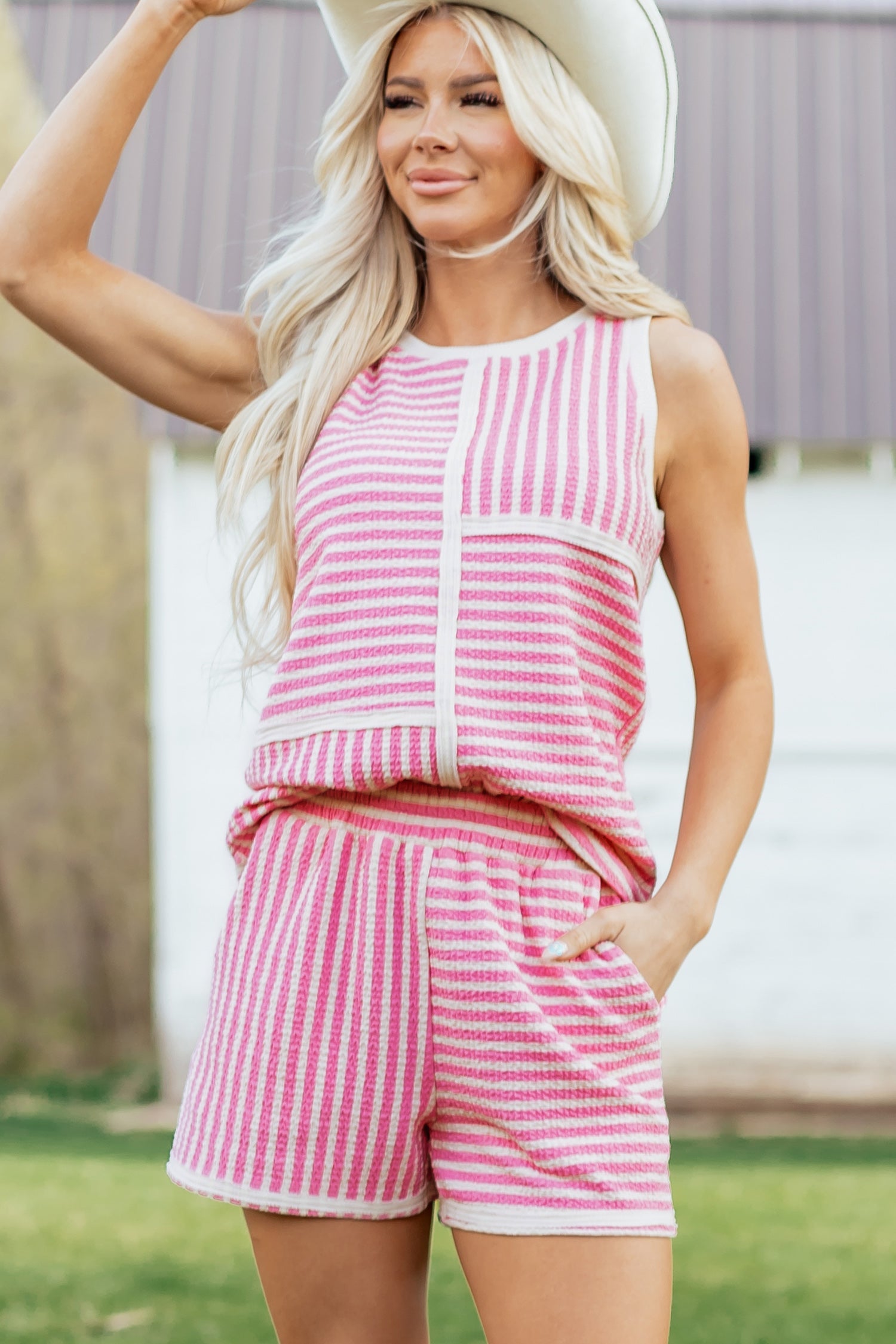 Nala Contrast Trim Casual Tank Set Threaded Pear