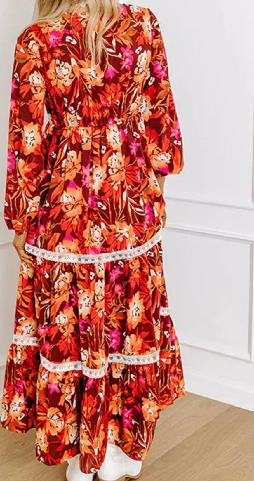 Printed V-Neck Long Sleeve Midi Dress