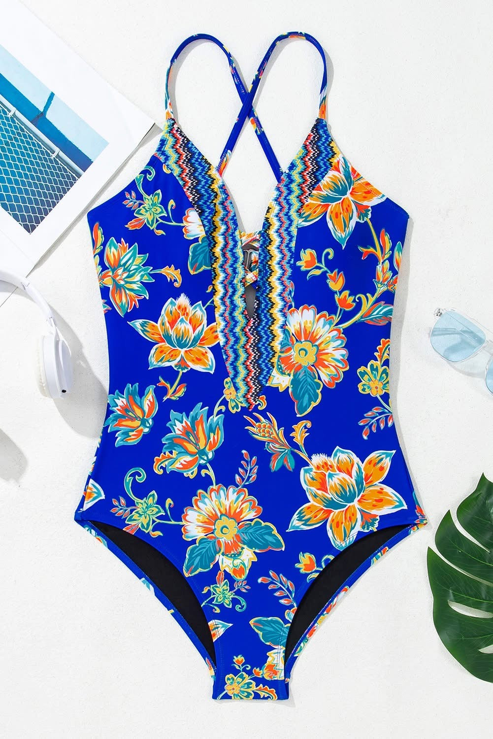 Blue Floral Slim & Sculpt One-Piece Crisscross Swimsuit