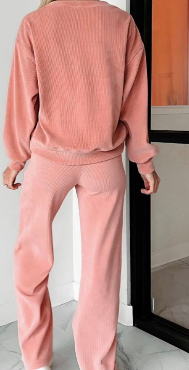 Round Neck Long Sleeve Top and Pants Set