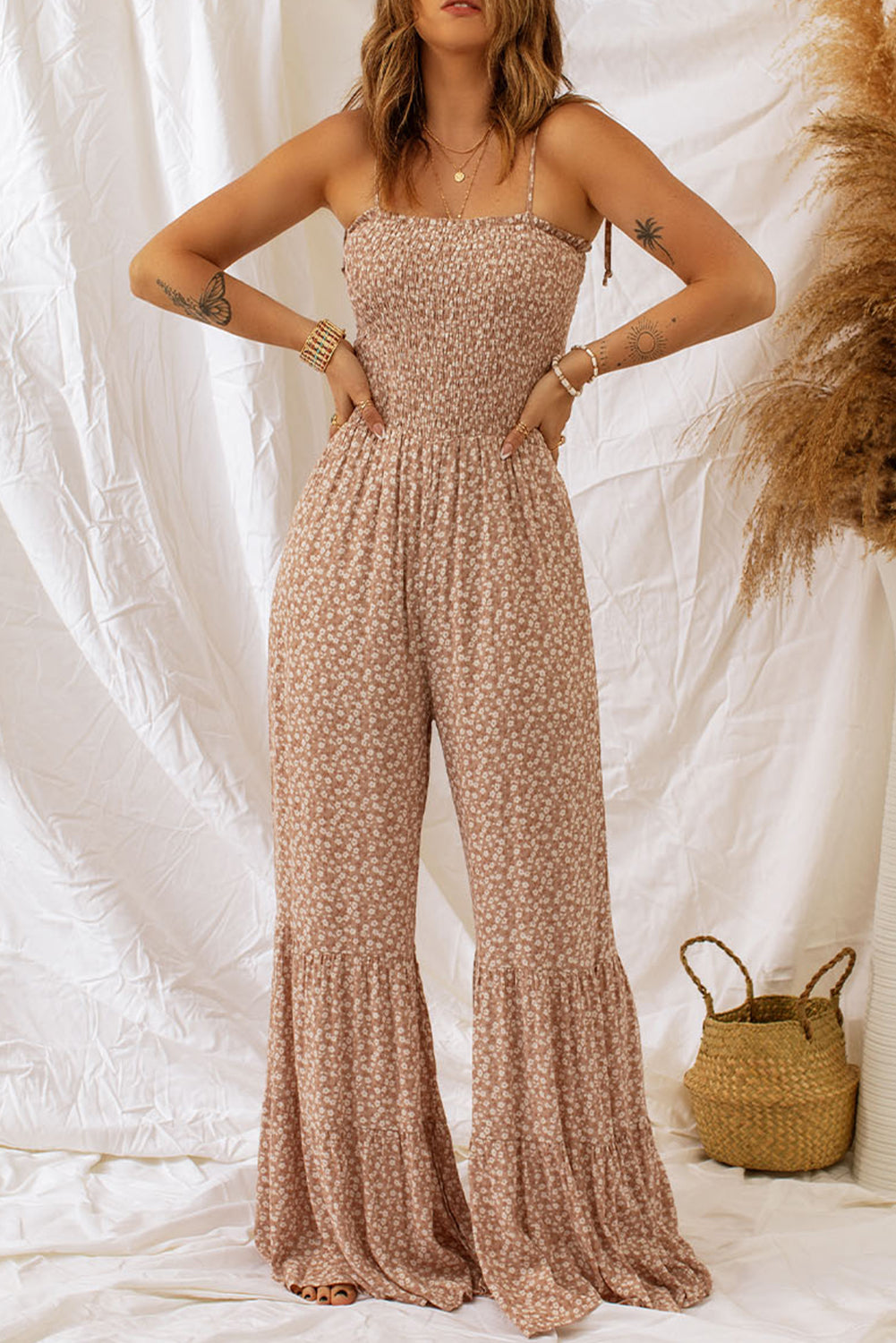 Floral Spaghetti Strap Smocked Wide Leg Jumpsuit Creative Chaos Boutique