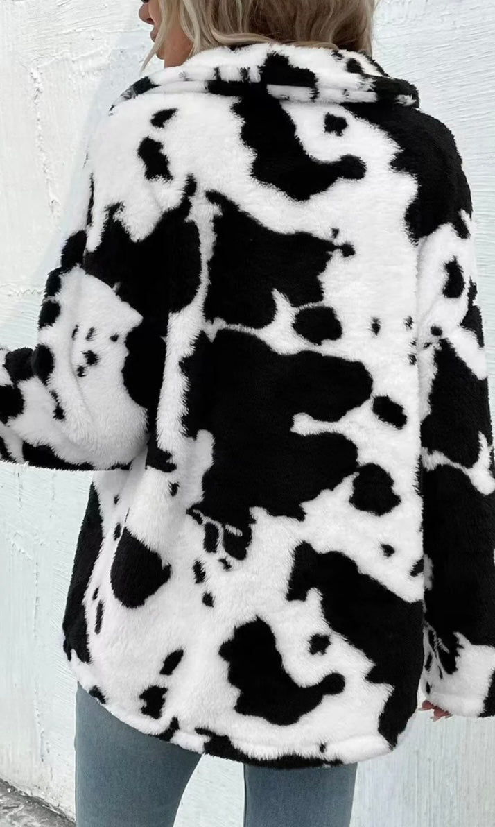 Cow Print Collared Neck Button Up Fuzzy Jacket