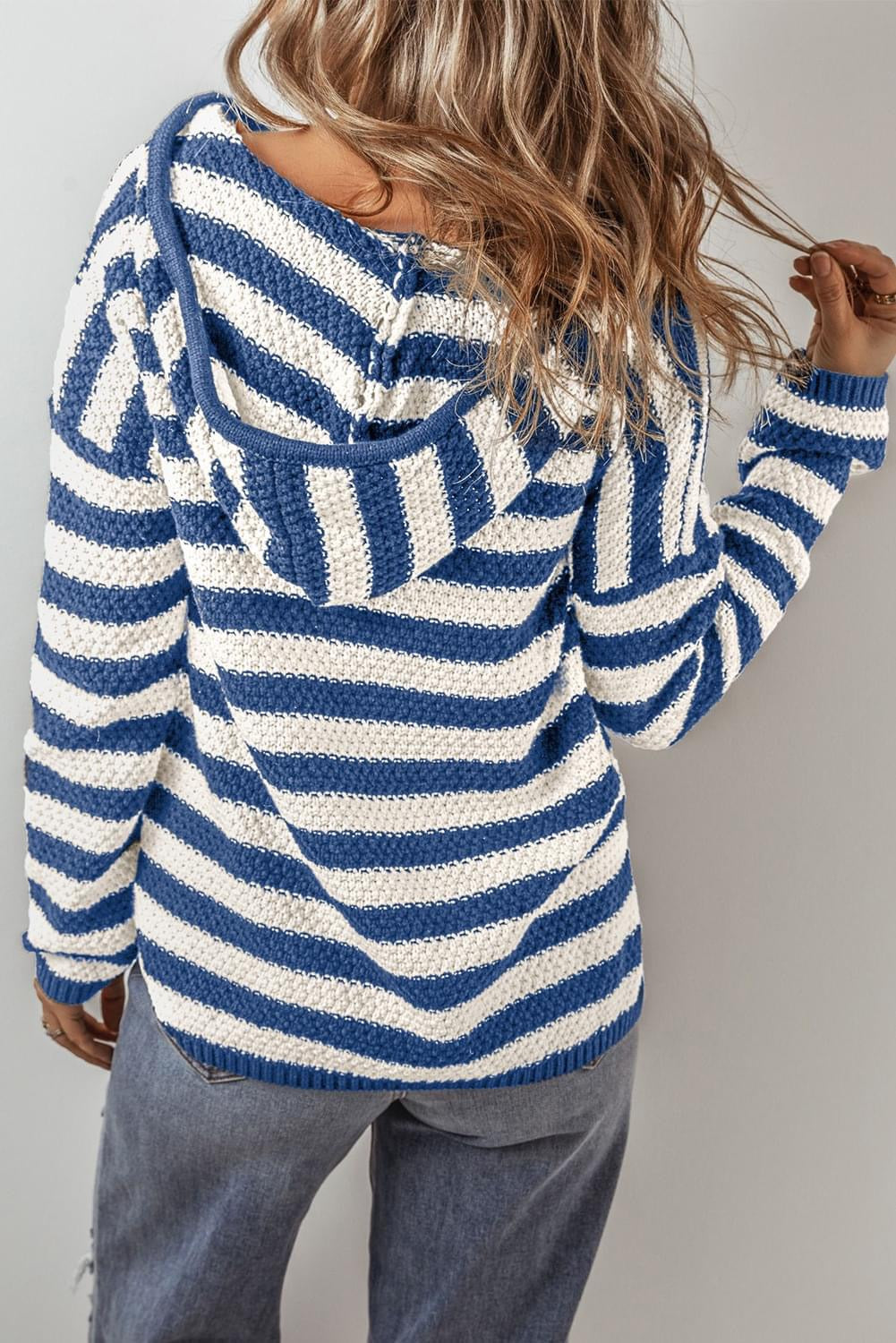Blue Stripe V Neck Hooded sweater