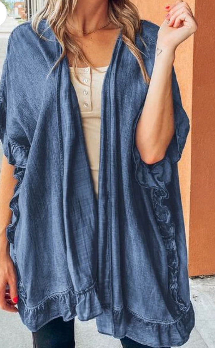 Ruffled Open Front Denim Top