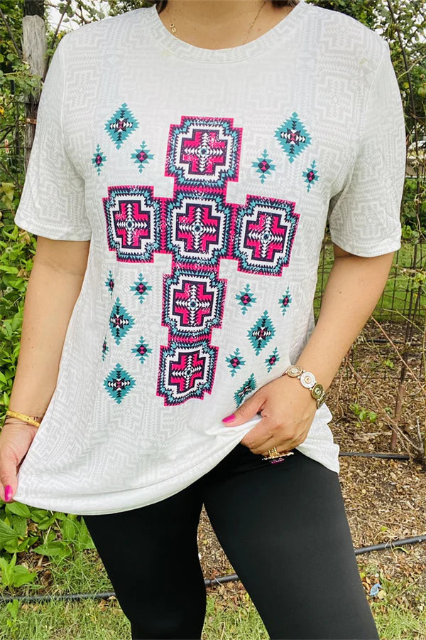 Turquoise & Pink Aztec Cross Top