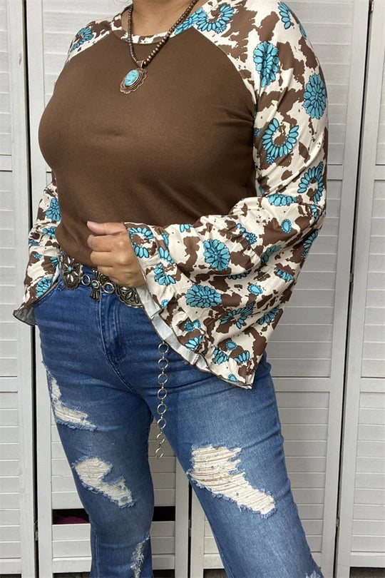 Turquoise & Brown Printed Bell Sleeves  Top