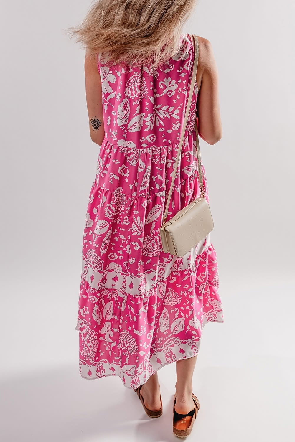 Rose Floral Tasseled Lace-up Neck Tiered Midi Dress