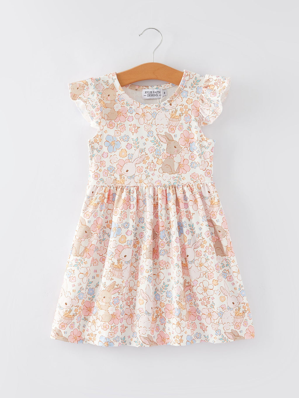 Easter Bunny Floral Print Fly Sleeve Girls Dress