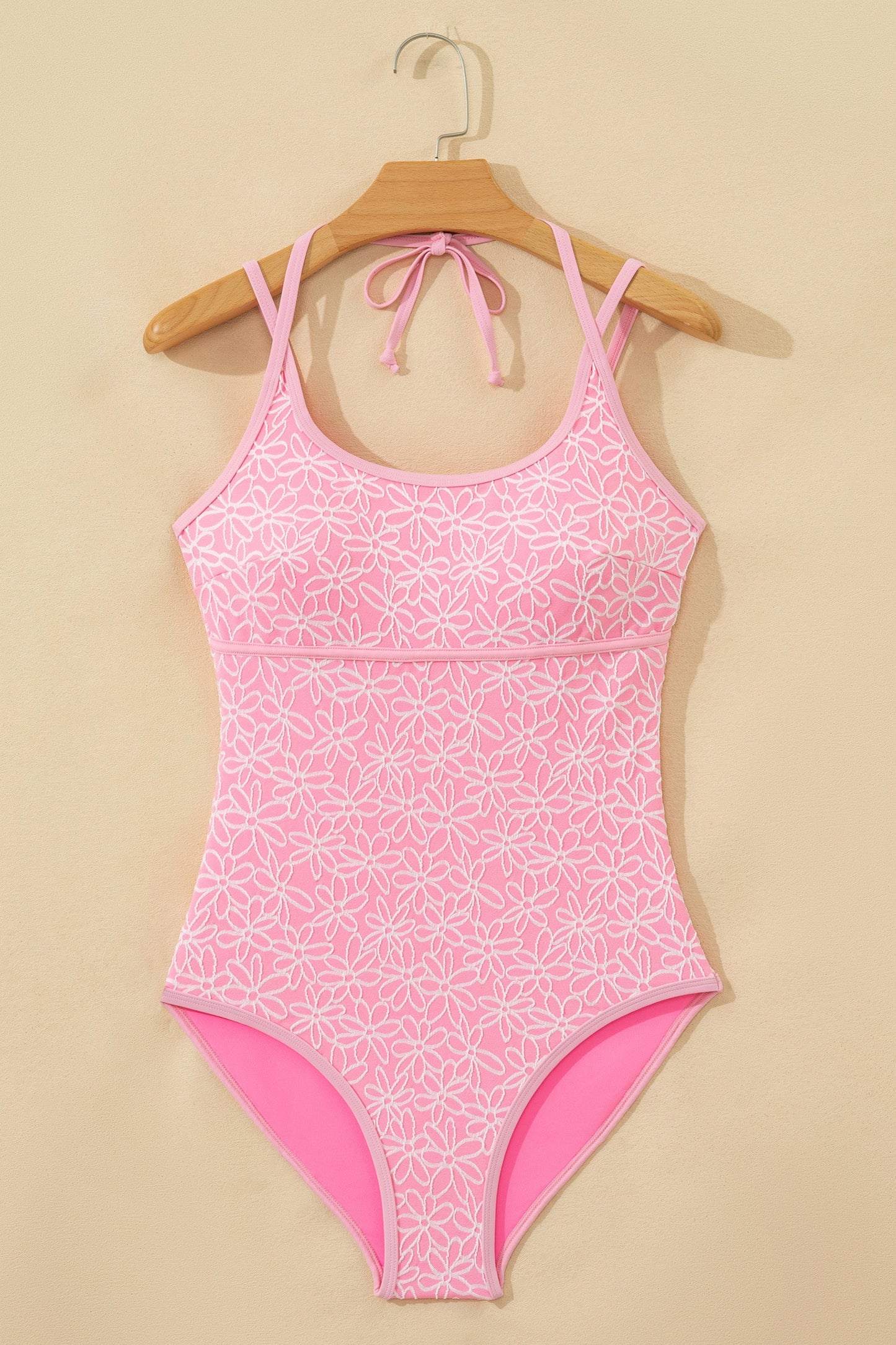 Pink Corded Flower Texture Spaghetti Straps Halterneck One Piece Swimsuit