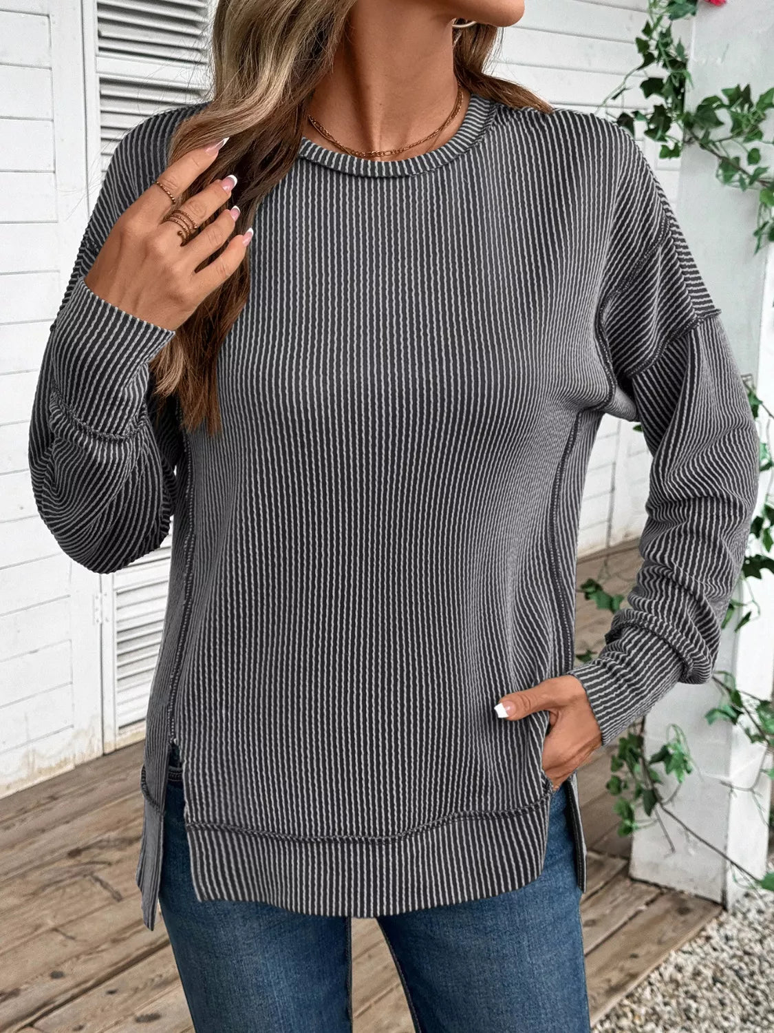 Side Slit Round Neck Sweatshirt