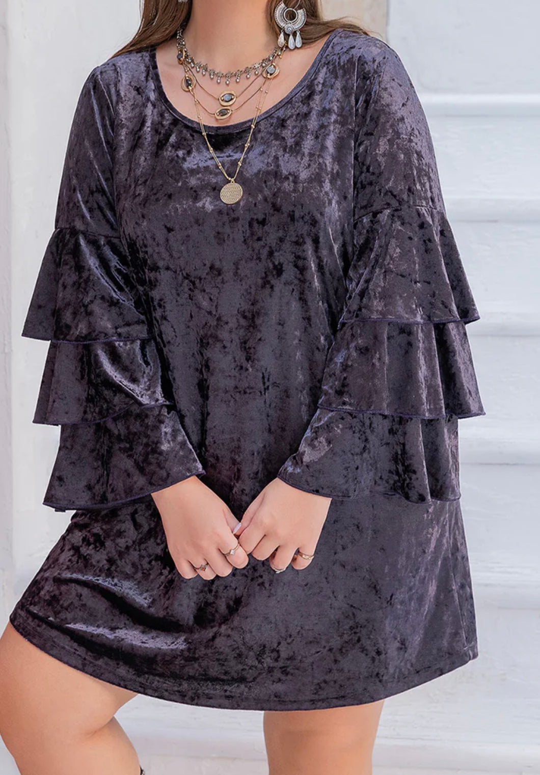 Plus Size Round Neck Flounce Sleeve Mini Dress