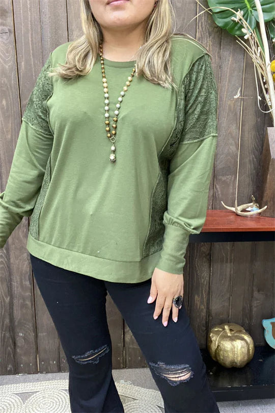 Green Solid w/Green Lace long sleeve Top