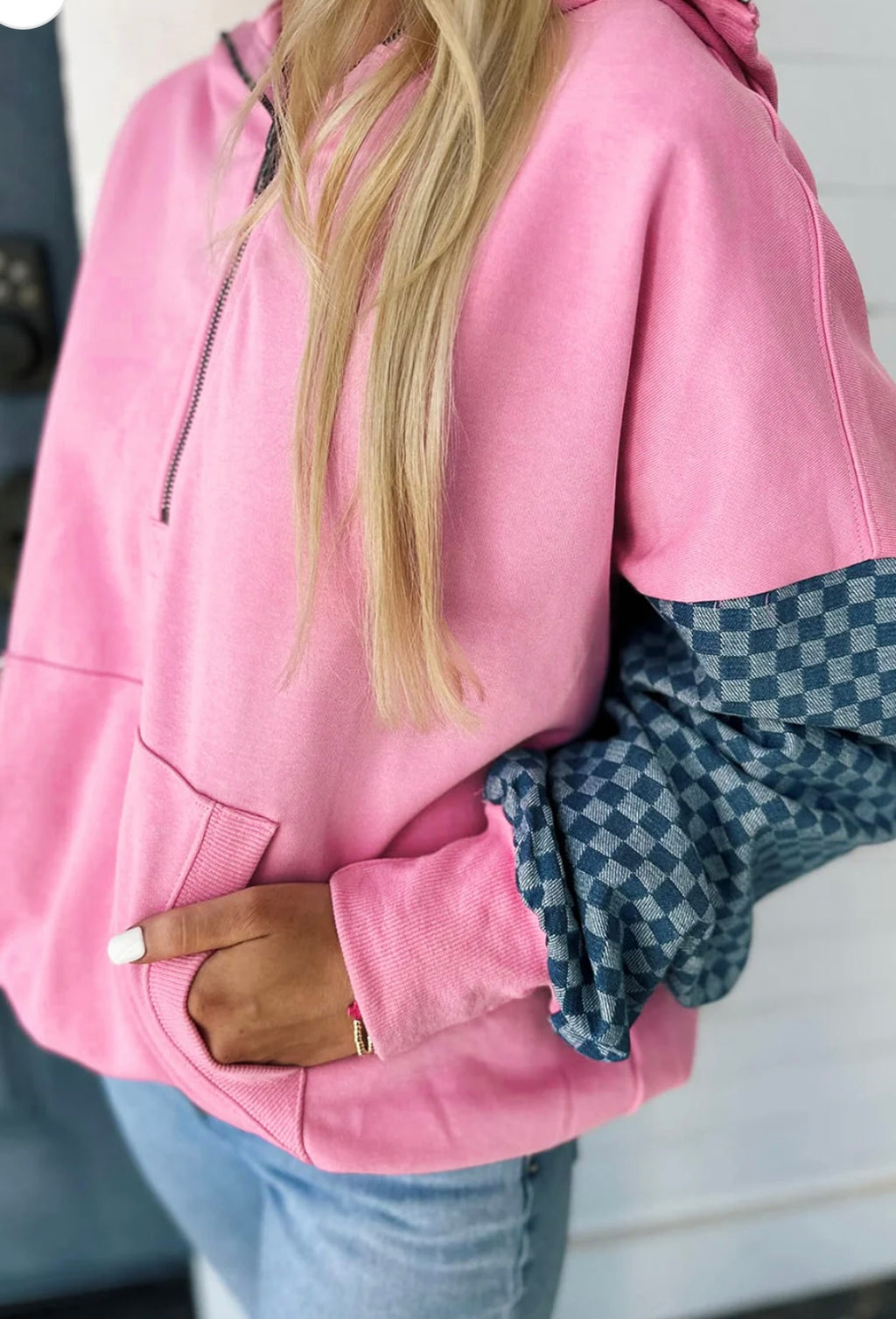 Checkered Patchwork Kangaroo Pocket Half Zipper Hoodie