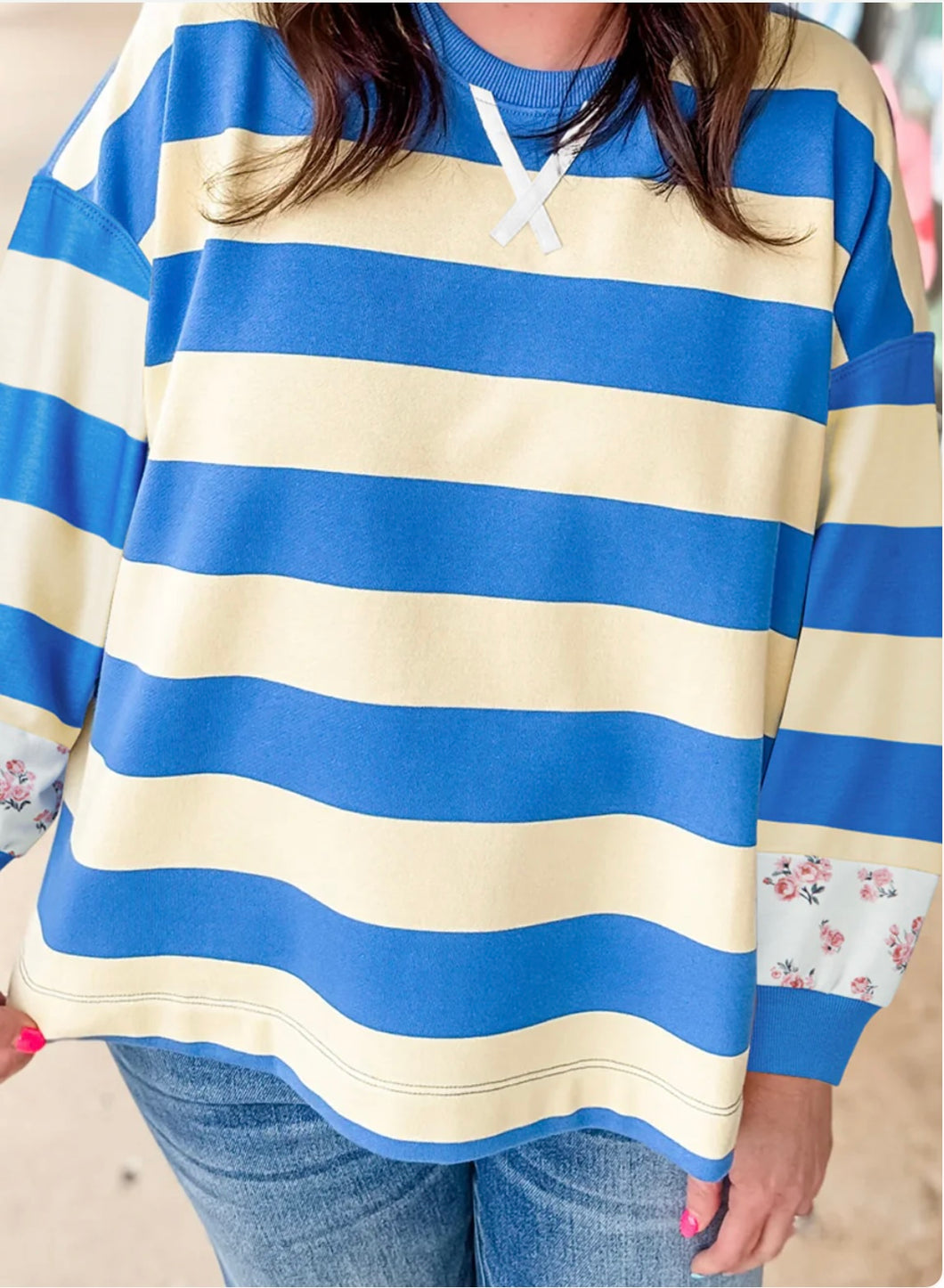 Blue stripe floral plus size pullover