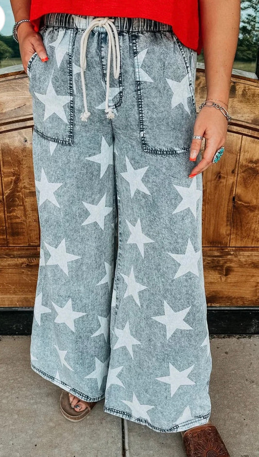 Star Light Wash Drawstring High Waist Wide Leg Jeans ALBC Wholesale