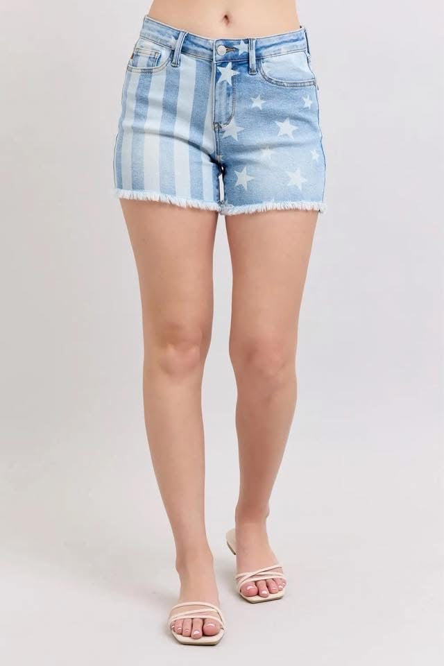 Judy Blue Full Size Mr Star & Stripe Bleach Discharge Fray Hem Denim Shorts Plus Size