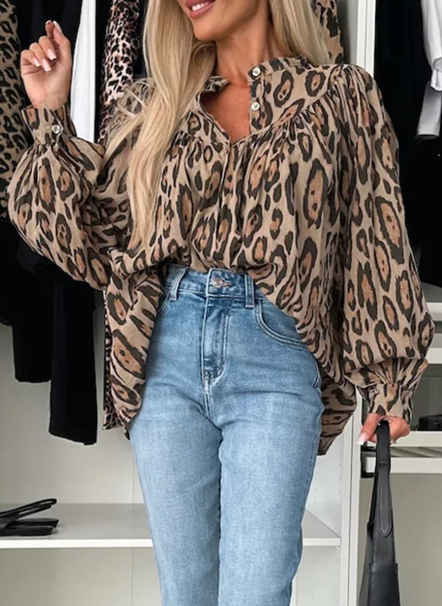 Leopard Balloon Sleeve Shirt
