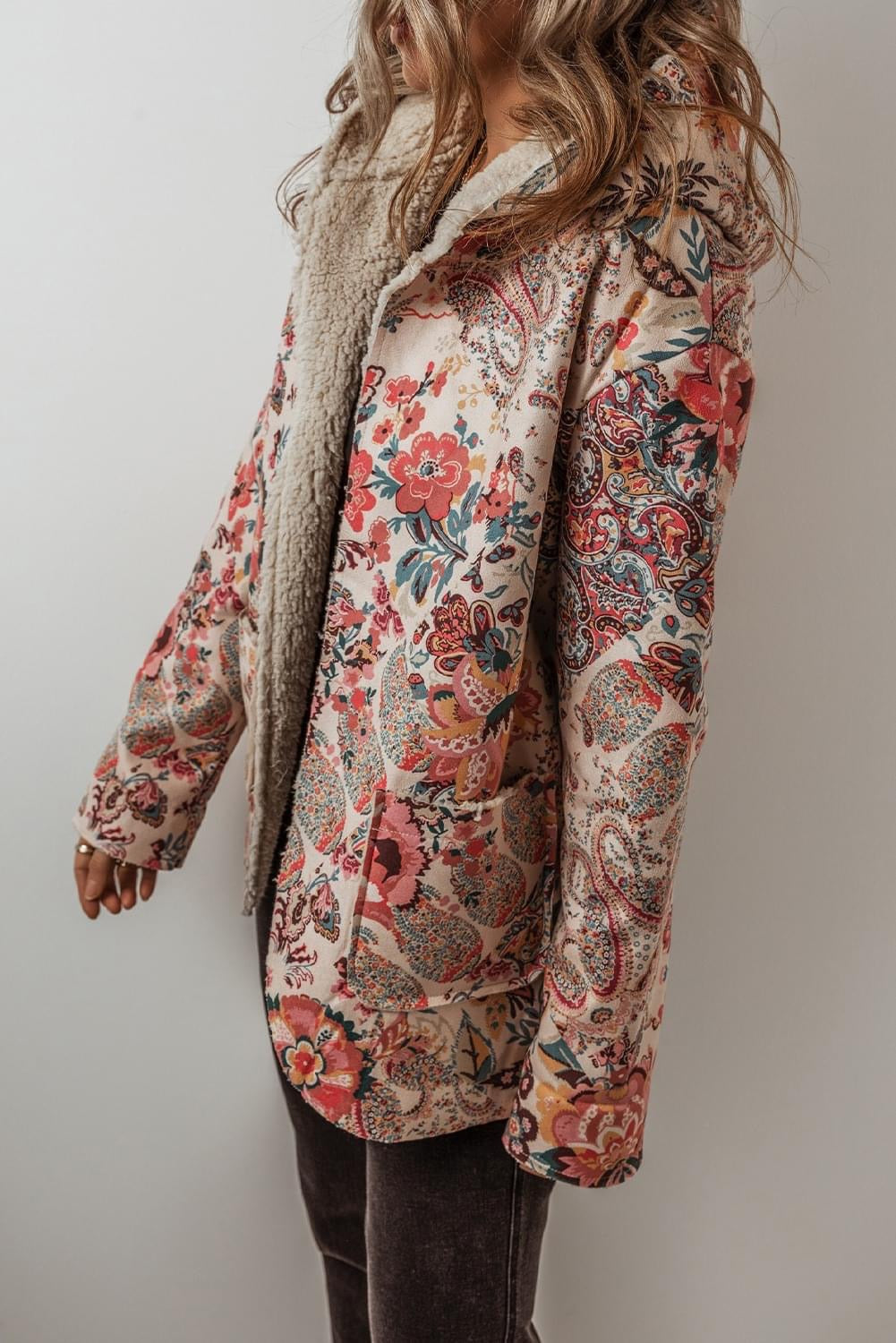 Divine Illusion Beige Vintage Paisley sherpa hooded Jacket