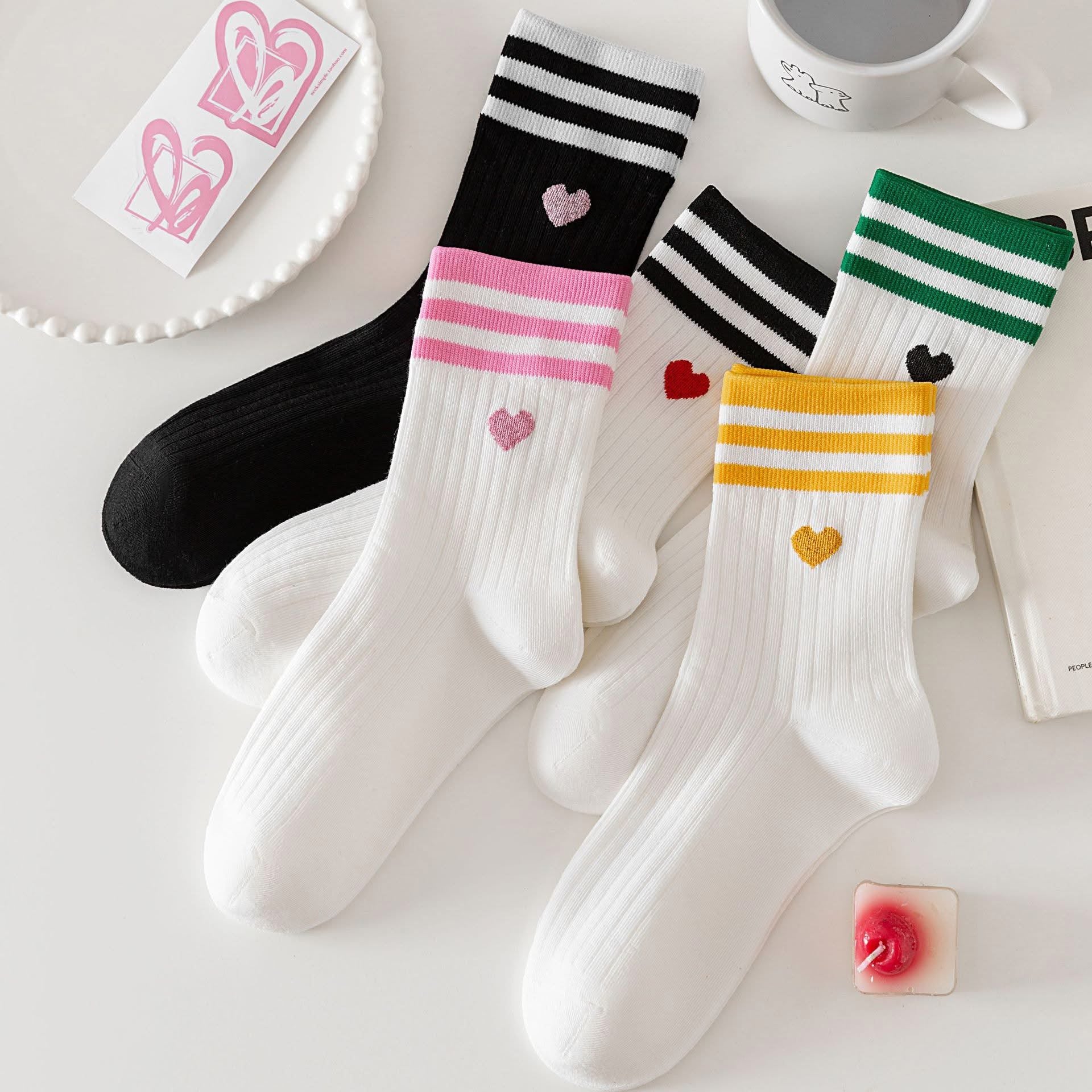 Adult Stripe And Heart Cotton Socks