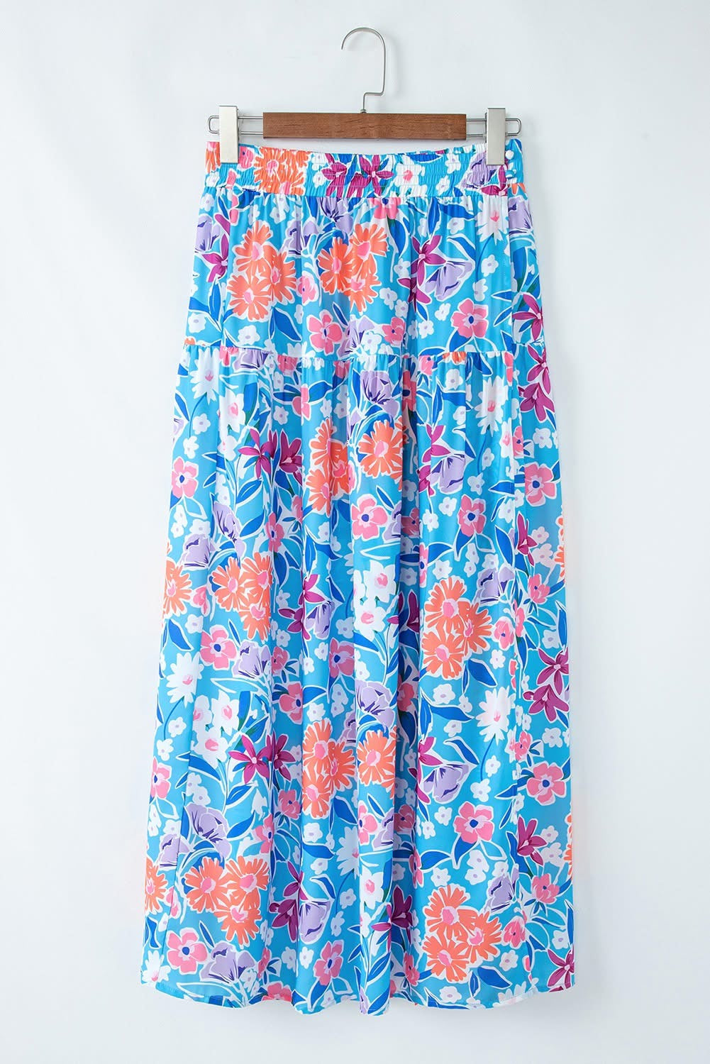 Sky Blue Floral High Waist Split Wrap Long Skirt