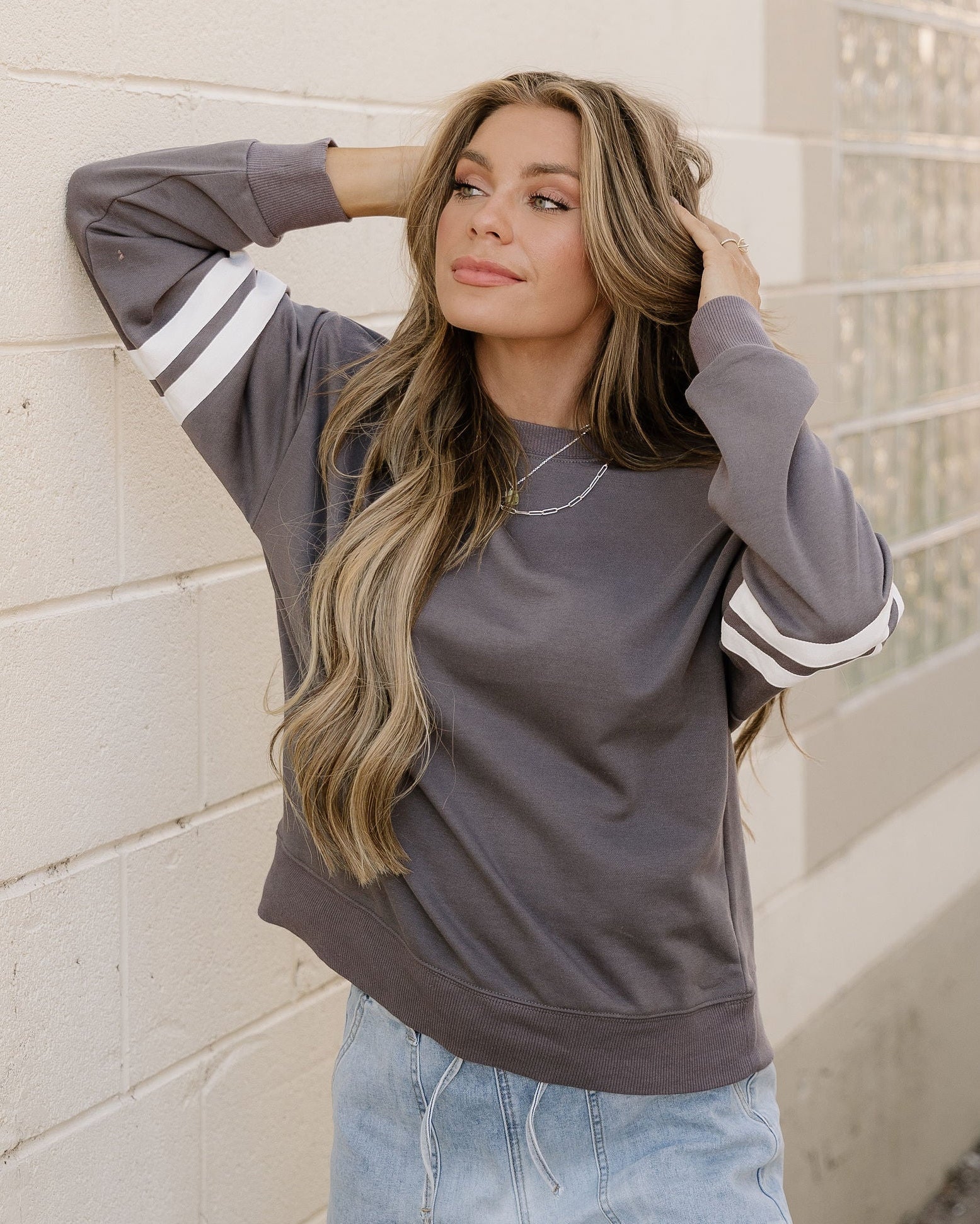 Varsity Striped Sleeve Loose Sweatshirt - Dark Gray Indie & Co.