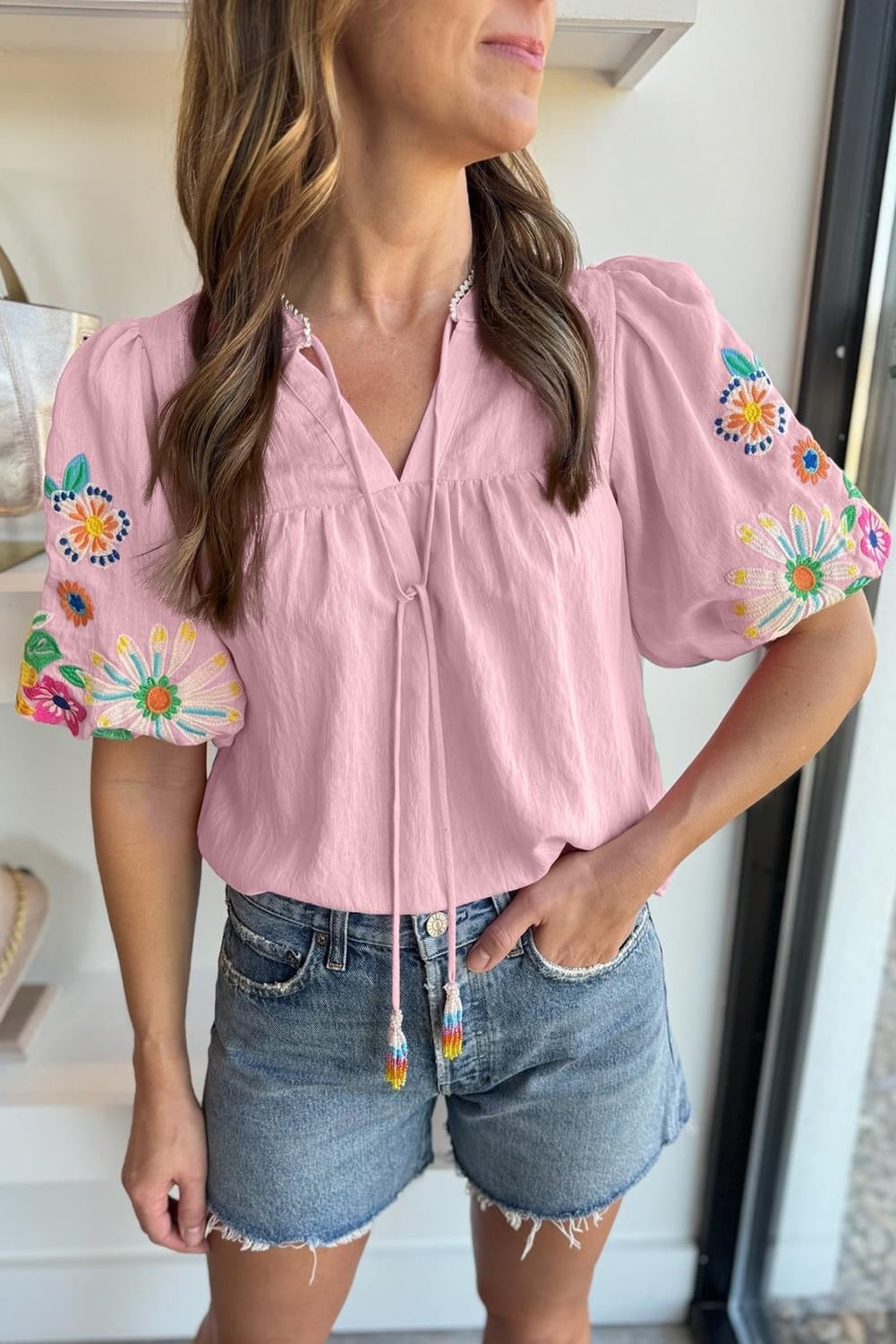 Embroidered Floral Puff Sleeve Split Neck Blouse