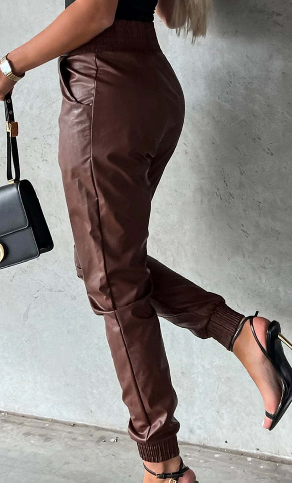 Smocked High Waist Leather Skinny Pants