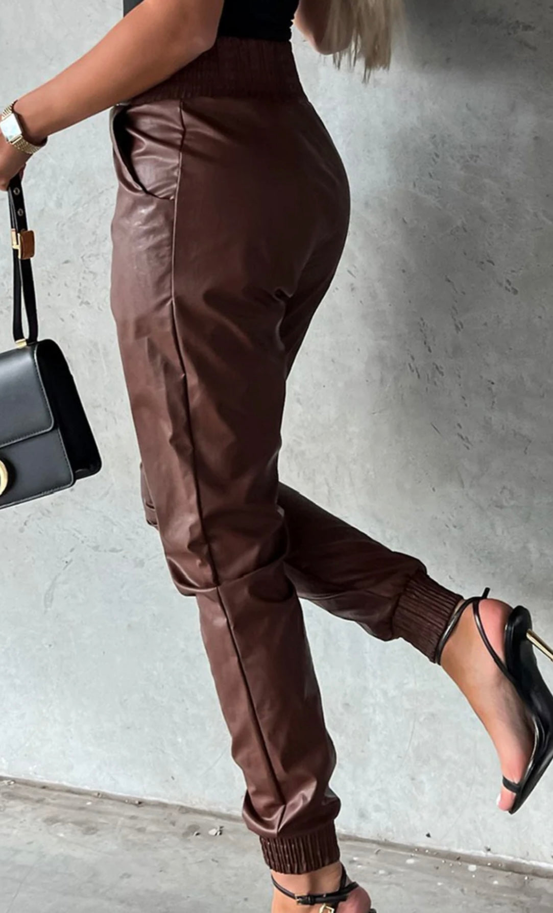 Smocked High Waist Leather Skinny Pants