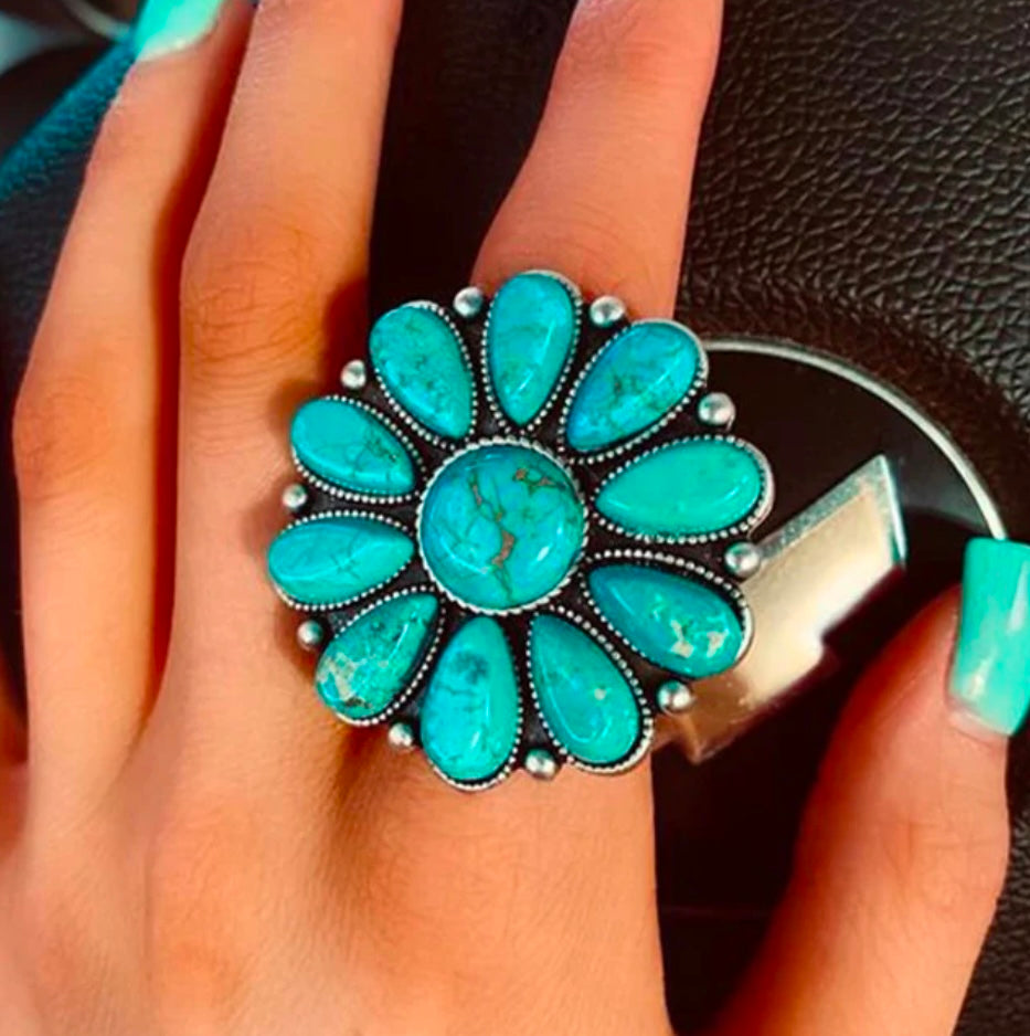 Artificial Turquoise Alloy Flower Ring