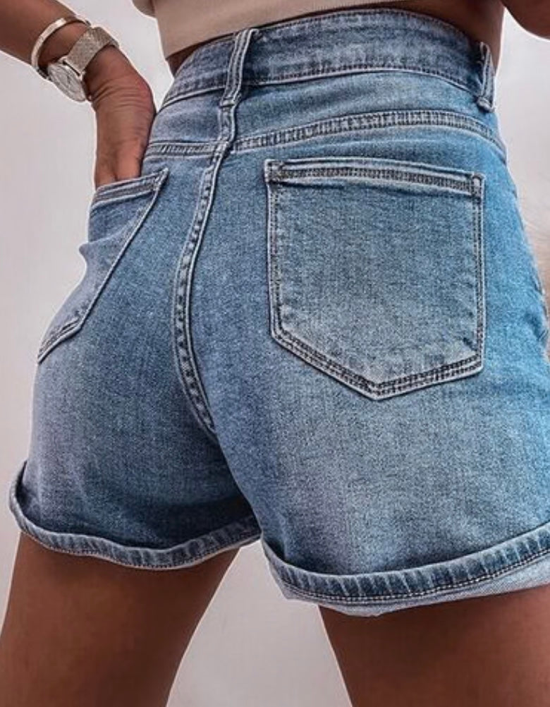 Rhinestone High Waist Denim Shorts