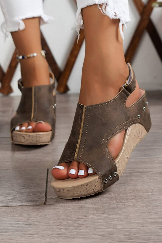 Chestnut Suede Studded Cut Out Wedge Sandals
