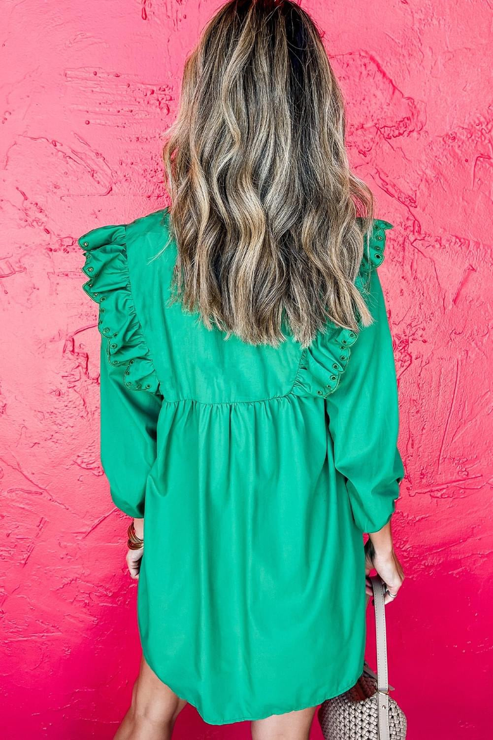 Bright Green Embroidered Ruffled V Neck Mini Dress