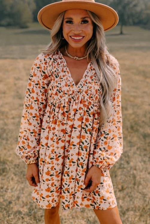 Floral Deep V Neck Smocked Dress