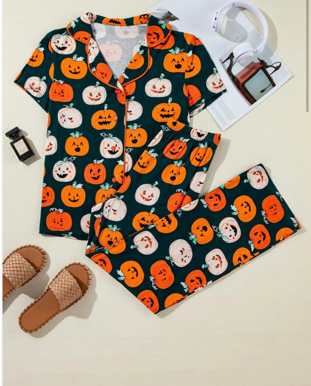 Pumpkin Printed Short Sleeve Lounge Set