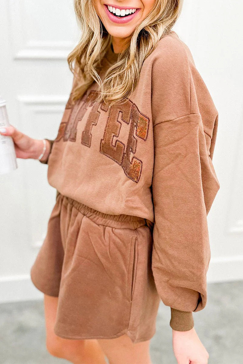 ALWAYS COFFEE TIME LOOSE FIT SWEATSHIRT AND SHORTS SET **SHIPPING EXPECTED TO BEGIN ON DATE 8/10** Wholesale accessory market