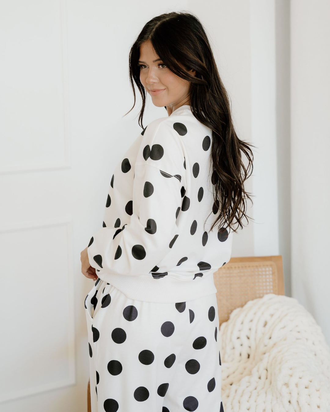 Polka Dot Print Drop Shoulder Pullover Drawstring Jogger Pant Set - Beige Indie & Co.