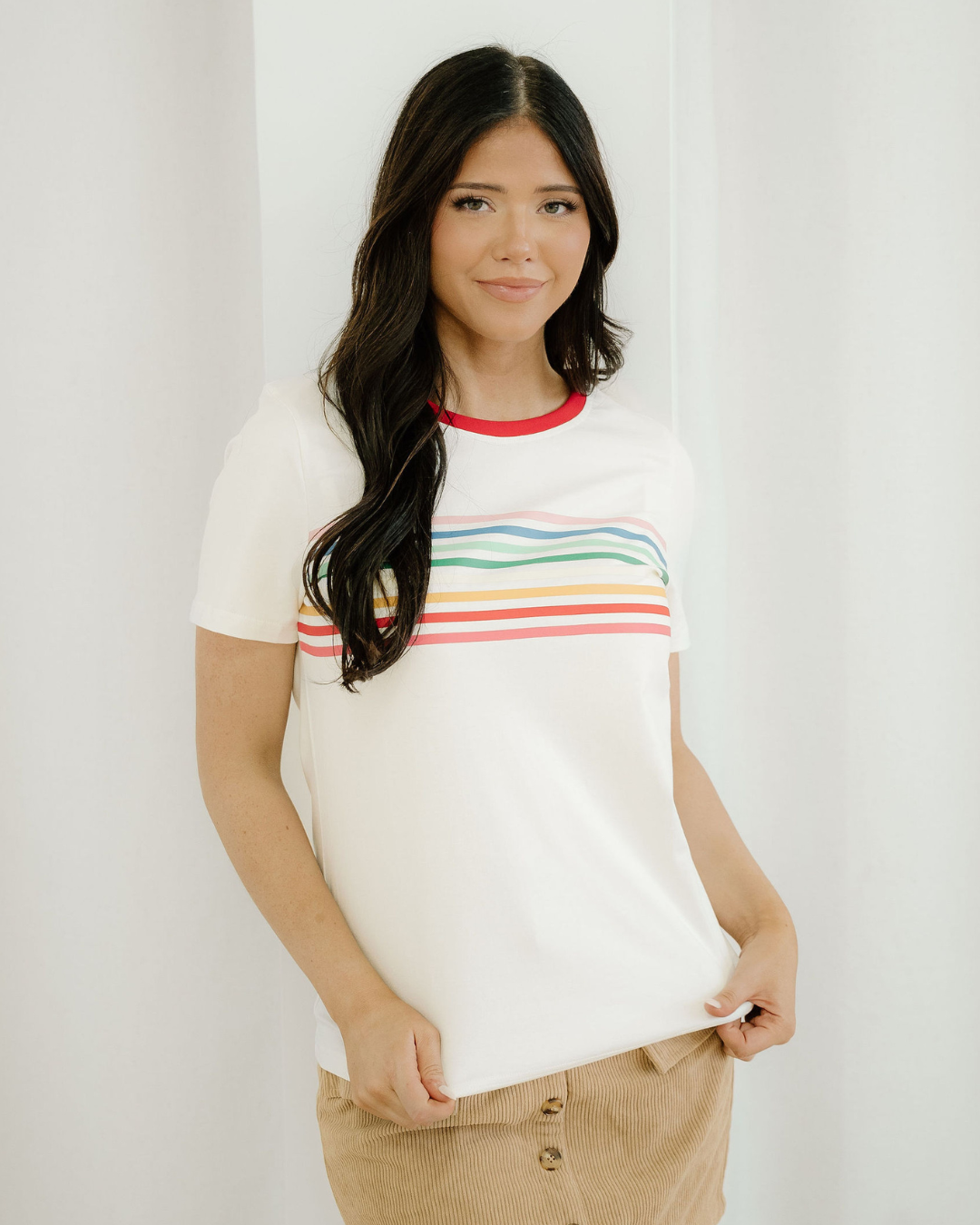 Melanie Rainbow Stripe Print Crewneck T Shirt Indie & Co.