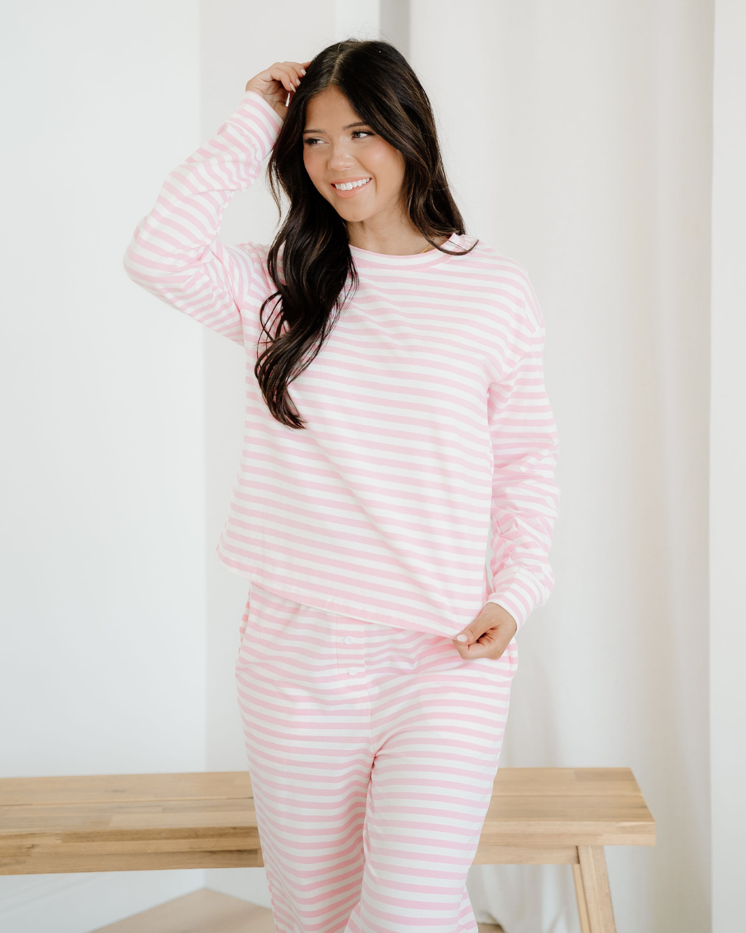 Thea Stripe Drop Shoulder Round Neck Top and Buttoned Straight Pants Two Piece Set Indie & Co.