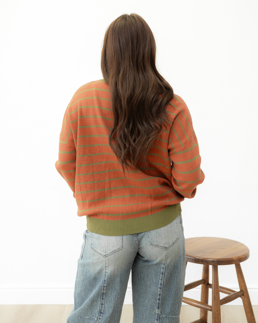 Zya Stripe Round Neck Drop Shoulder Loose Sweater - Brown Indie & Co.