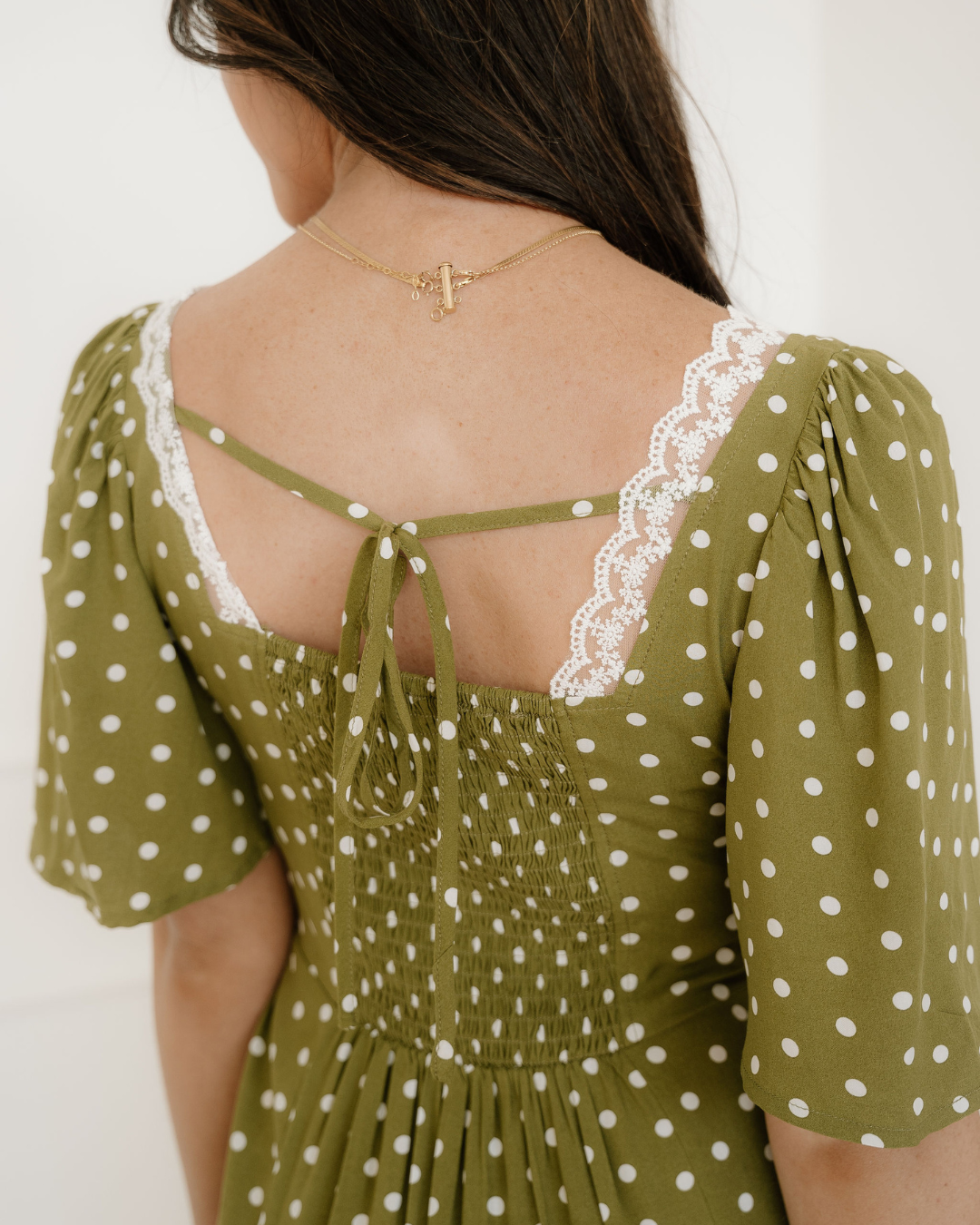 Maleah Polka Dot Print Lacy Neckline Smocked High Waist Maxi Dress Indie & Co.