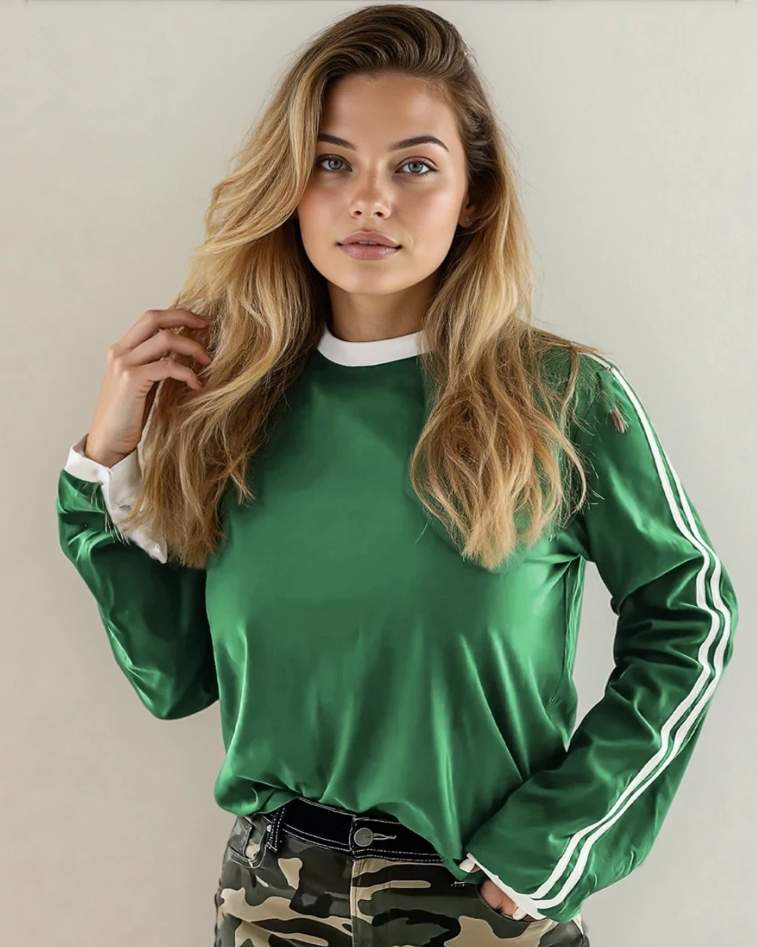 Malani Varsity Striped Crew Neck Long Sleeve Top - Green Indie & Co.