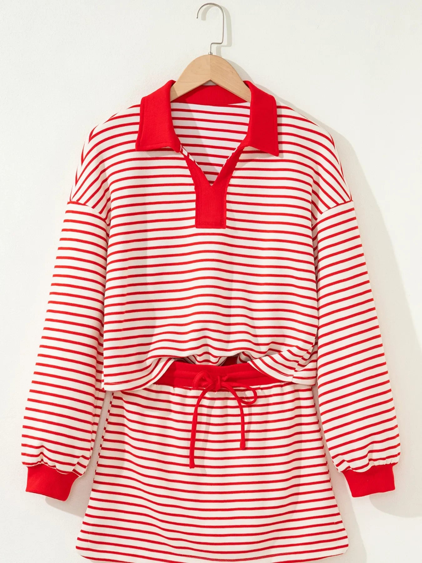 Stripe Collared V Neck Drop Shoulder Pullover and Skort 2pcs Outfit