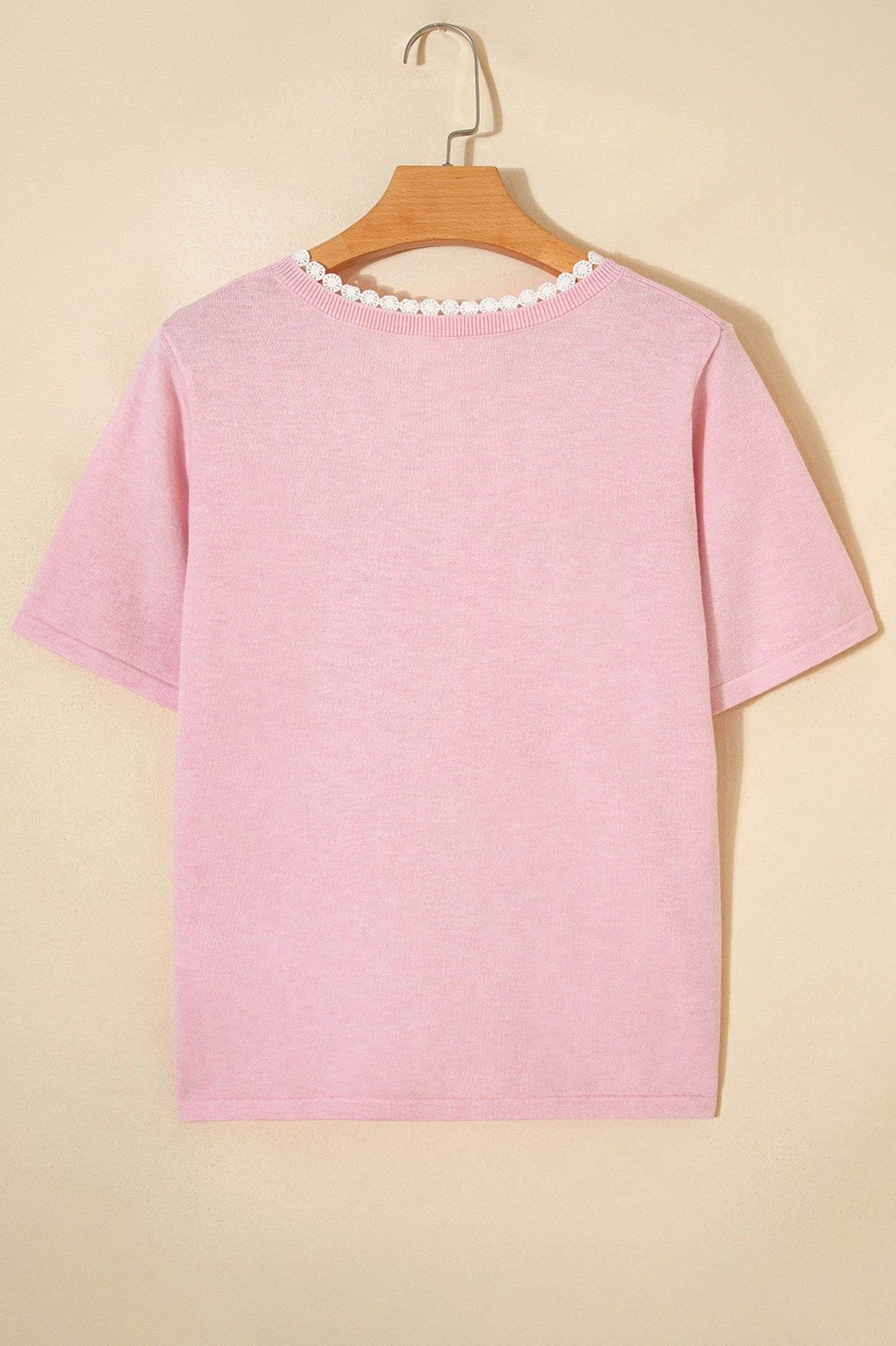 Strawberry Pink Lacy V Neckline Short Sleeve Sweater Wild and Free Boutique
