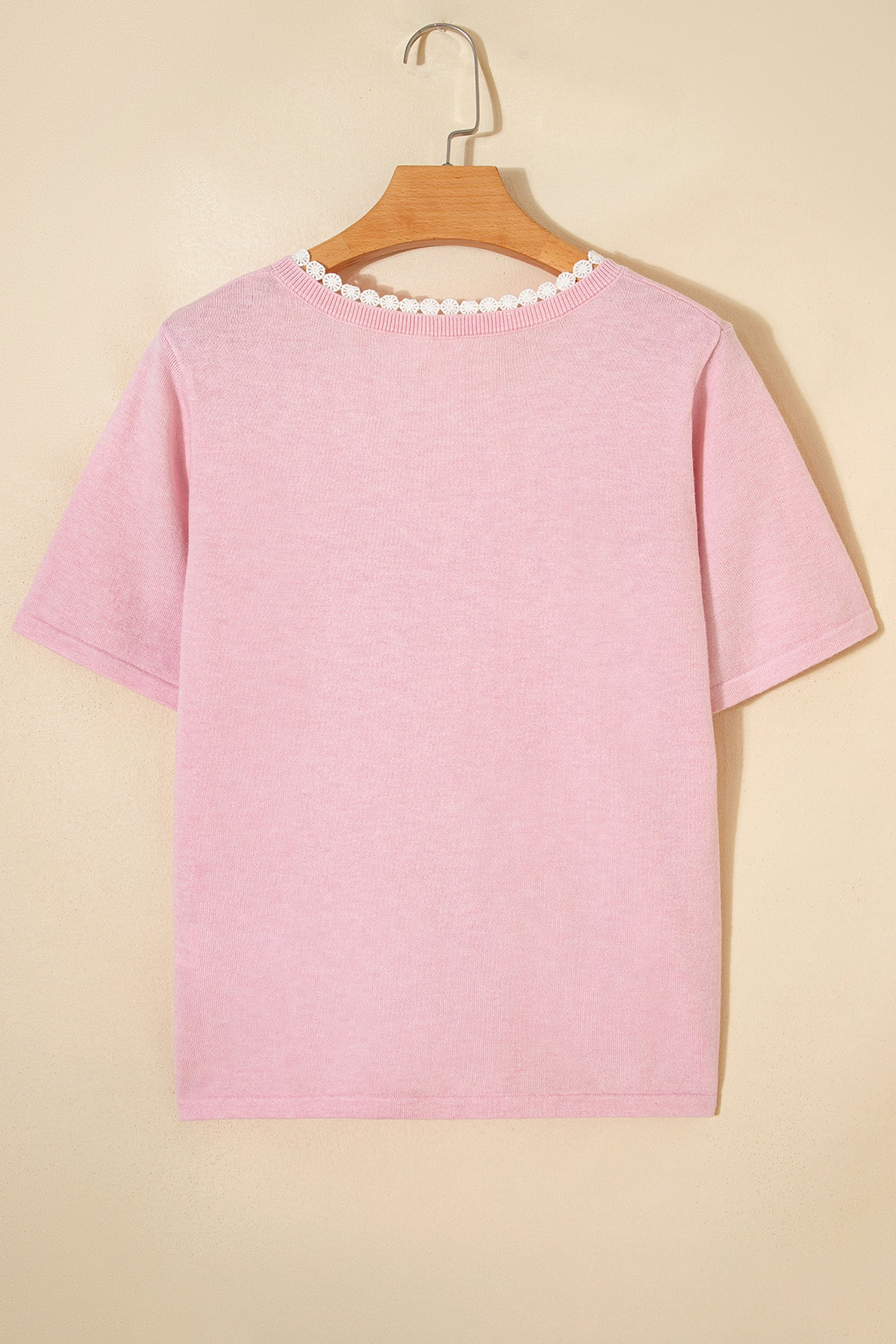Strawberry Pink Lacy V Neckline Short Sleeve Sweater Wild and Free Boutique