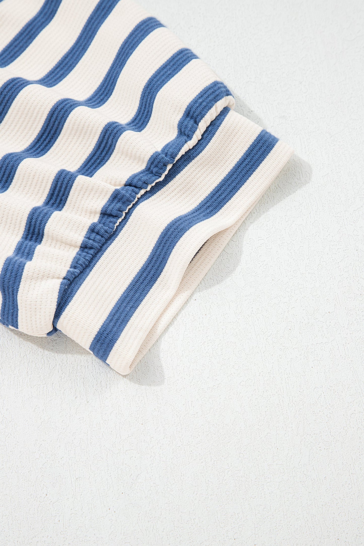 Blue Stripe Short Puff Sleeve Color Block Polo Collar Blouse