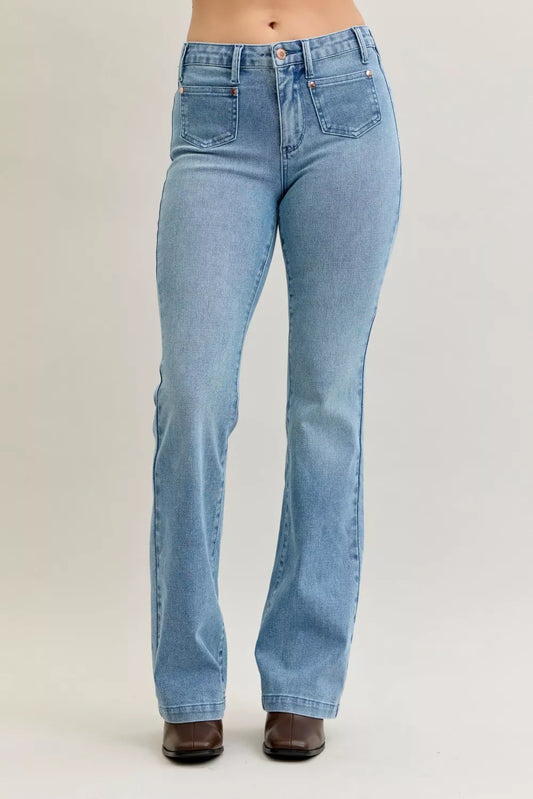 Judy Blue Full Size Mid Rise Bootcut Jeans with Contrast Wash & Front Patch Pockets Plus Size Wild and Free Boutique
