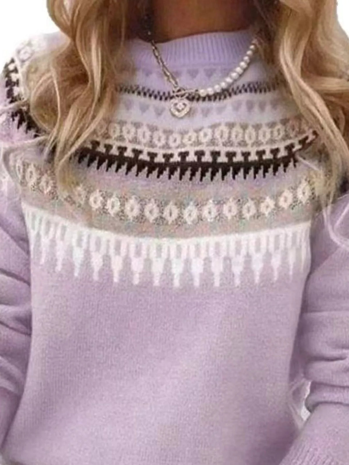 Full Size Vintage Patterned Round Neck Sweater Plus Size