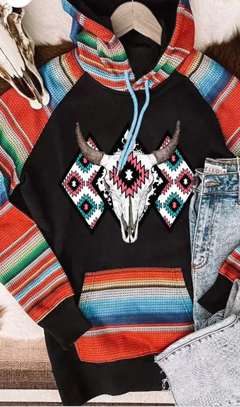 Western Patchwork Pocketed Hoodie